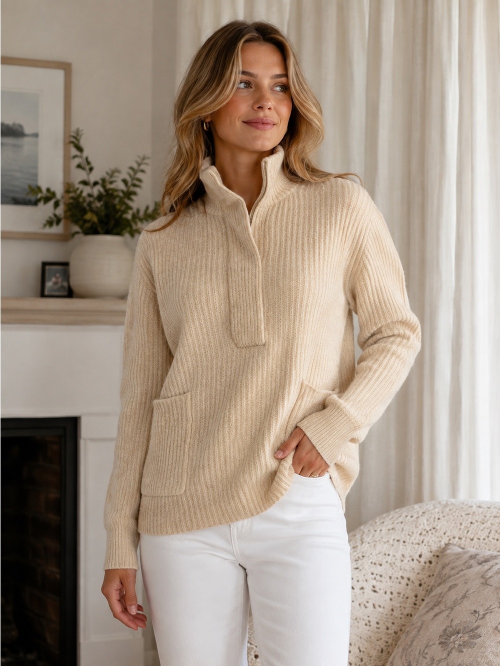 J Crew Lambs Wool Cozy Cream Ribbed Knit Pullover Sweater- Ivory